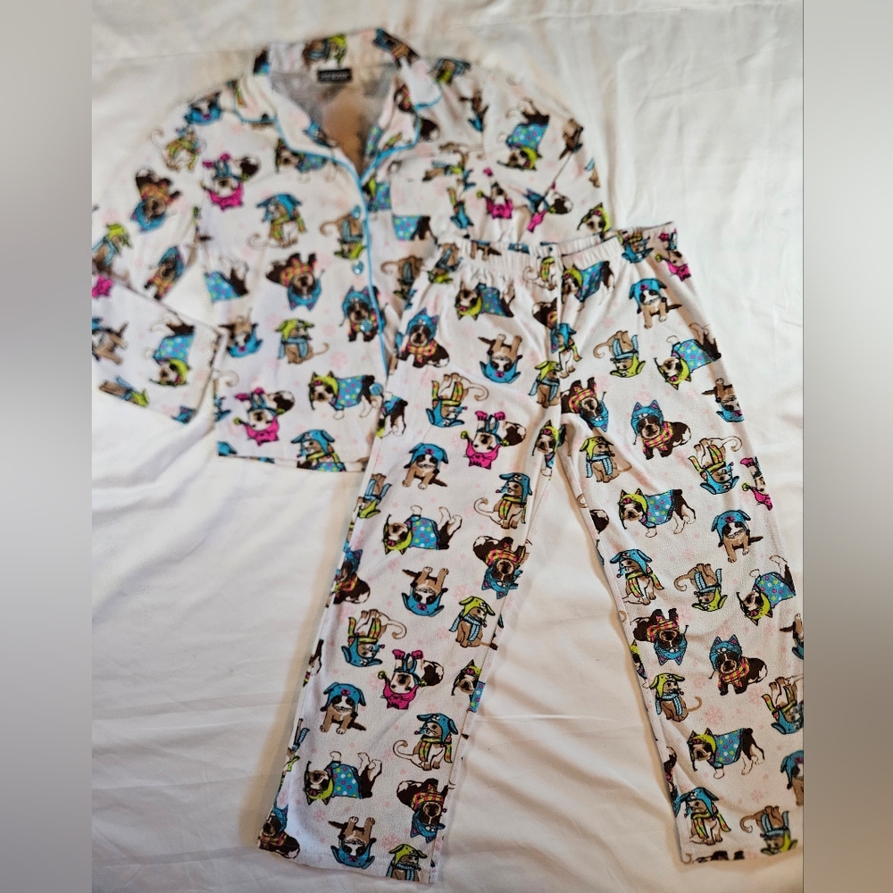 Joe Boxer Girls White W/ Dogs Throughout Long Sleeve Pull On Pajama Set Size M